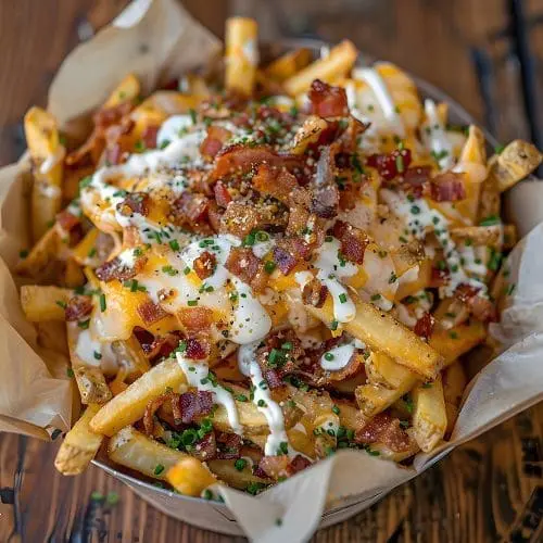 A close-up view of a heaping serving of loaded fries topped with bacon, cheese, and ranch dressing.